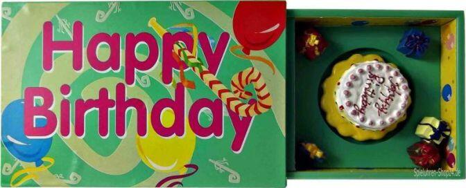 Happy Birthday Spieluhr miniatur in Streichholzschachtel mit sich drehender Torte