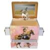 Spieluhr Karussell mit sich drehendem Pferd, geöffnete Spieldose Ansicht von oben vorn mit herausgezogenen Schubladen