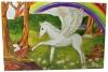 Bezaubernde Szene auf dem Spieluhrendeckel mit Pegasus unter dem Regenbogen und einem kleinen Elfen