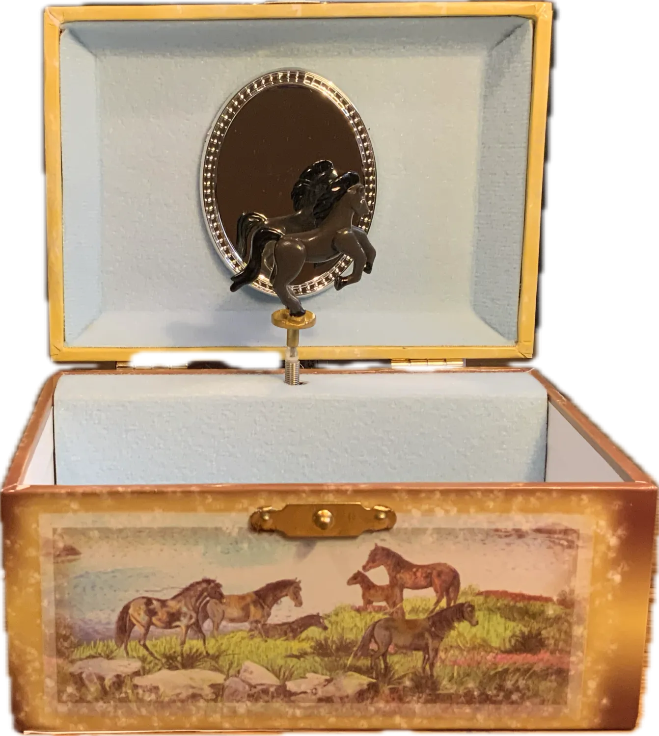 Kinder-Spieluhr, Wilde Mustangs, Melodie Bruder Jakob - Spieluhr von vorne geöffnet