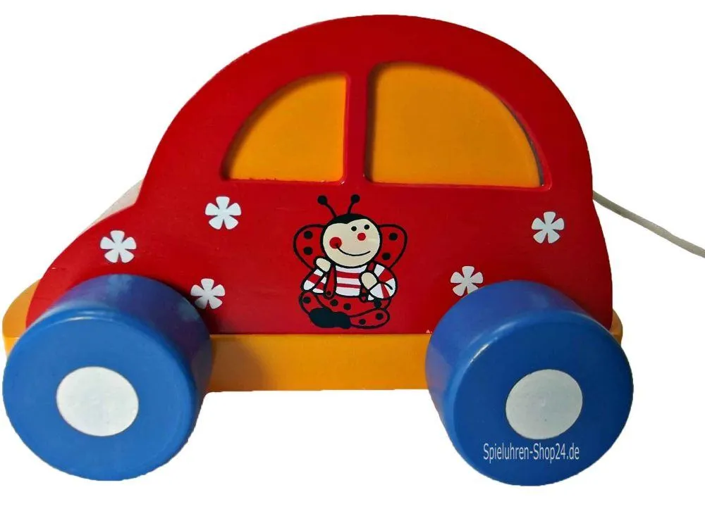 Spieluhr - Rotes Auto aus Holz, an der Seite mit lustiger Biene