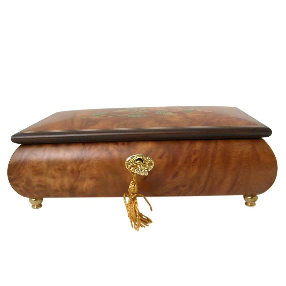 Schmuckschatulle mit Rosenintarsien von Böhme Music, Ansicht von vorn mit Schlüssel und