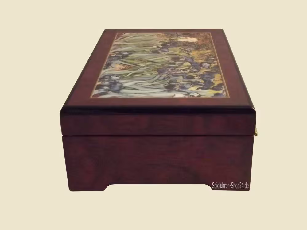 Musikschatulle Böhme, Holz Hochglanz braun, Iris , Ansicht geschlossene Spieluhr, seitlich und