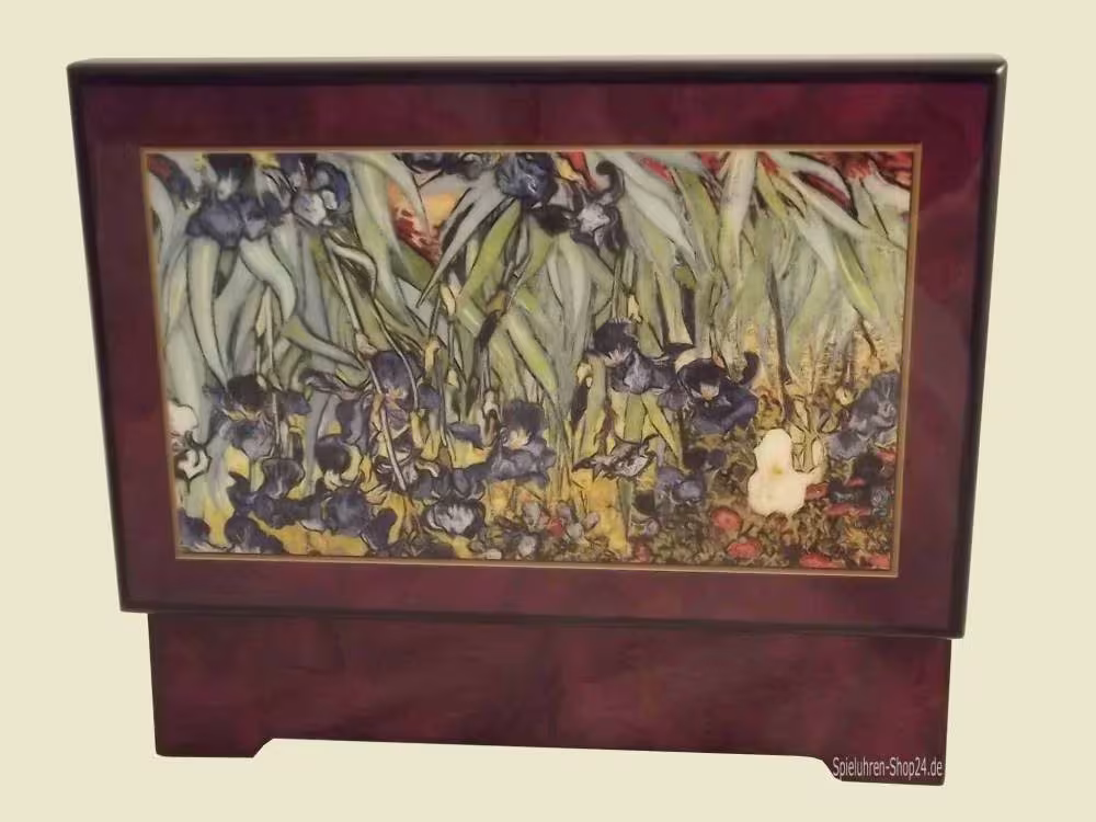 Musikschatulle Böhme, Holz Hochglanz braun, Iris , Ansicht geöffnete Spieluhr Rückseite
