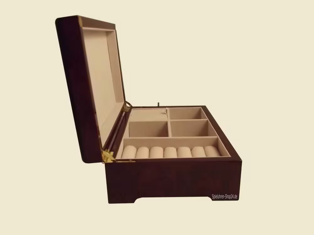 Musikschatulle Böhme, Holz Hochglanz braun, Iris , Seitenansicht geöffnete Spieluhr