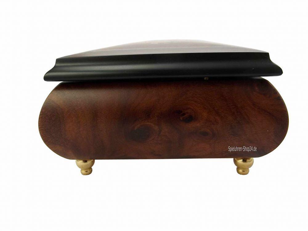 Schatulle Spieluhr mit Intarsien Instrumente und Blumen, Seitenansicht