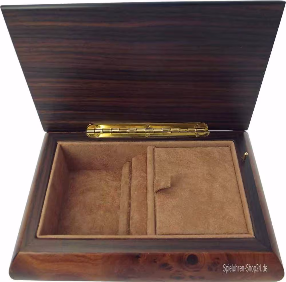 Schatulle Spieluhr mit Intarsien Instrumente und Blumen, Schmuckfach und Ringhalter