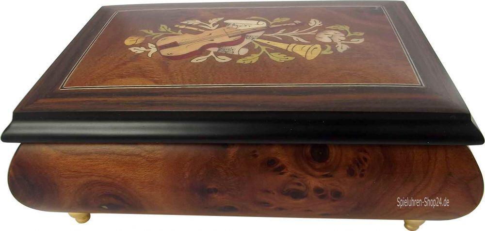 Schatulle Spieluhr mit Intarsien Instrumente und Blumen, Ansicht vorn