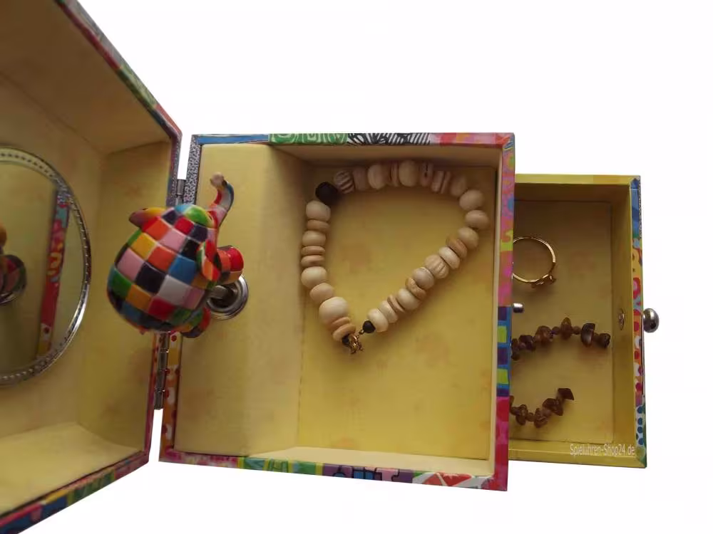 Elmar der Elefant, Spieluhr Würfel-Form von Trousselier©, Sicht von oben in geöffnete Spieldose,