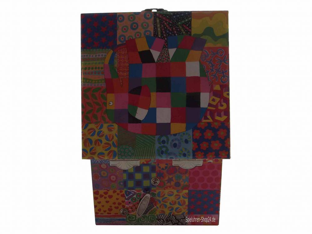Elmar der Elefant, Spieluhr Würfel-Form von Trousselier©, Ansicht Rückseite geöffnete Spieldose