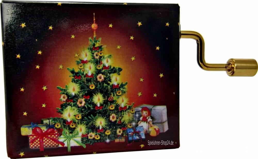 Hand-Kurbelspielwerk Weihnachten mit Weihnachtsbaum Motiv, dunkelrot