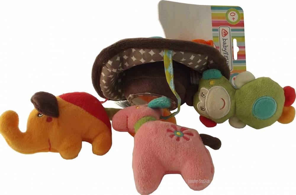 Knautsch-weiches Reise Musik Mobile mini mit drei Safari Tieren