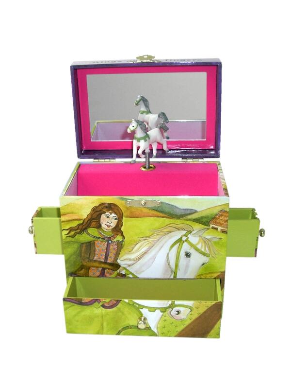Märchenhafte Spieluhr mit Pferd, Sicht auf geöffnete Musikdose mit Schubladen und Spiegel von vorn