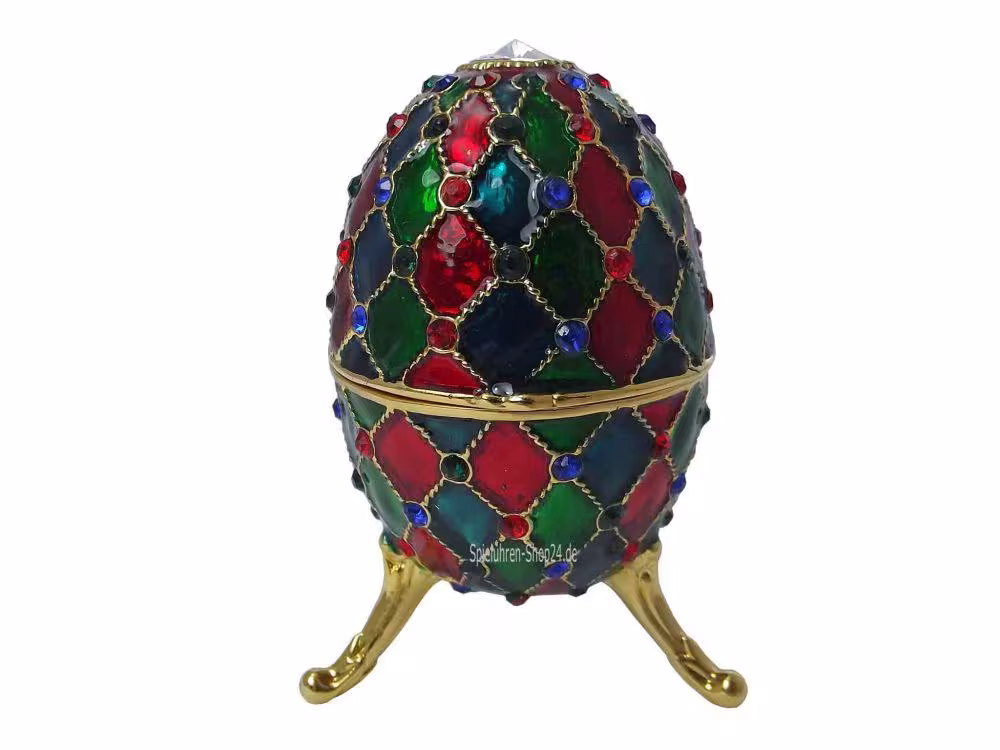Schmuckei Rot Gruen Blau mit Miniatur Spieluhr im Stil Fabergé