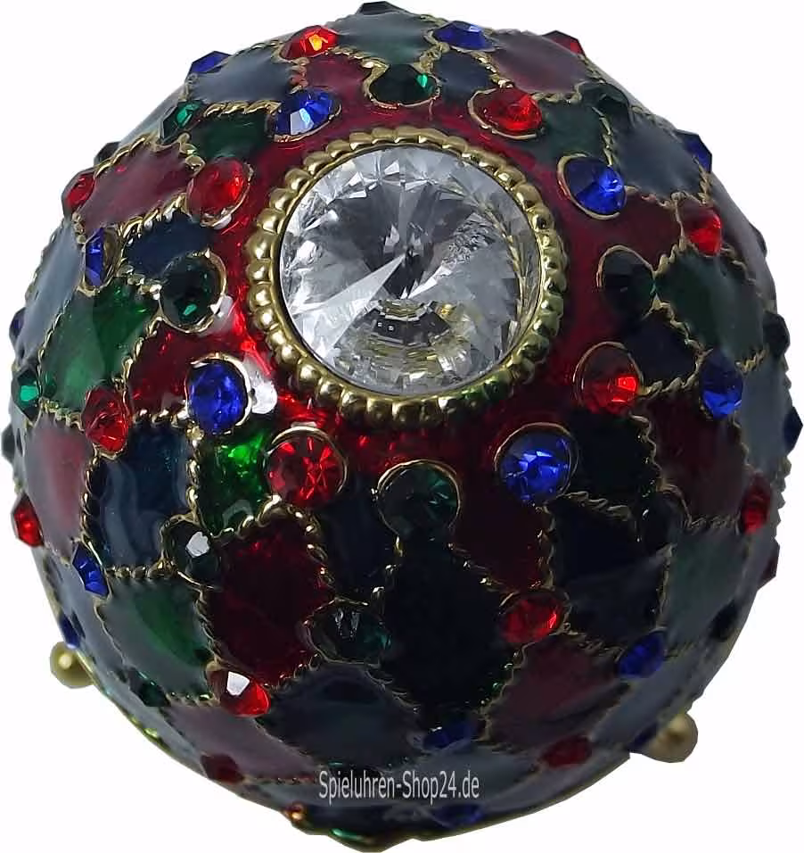 Schmuckei Rot Gruen Blau mit Miniatur Spieluhr im Stil Fabergé, Kuppel mit glasfarbenem Zierstein