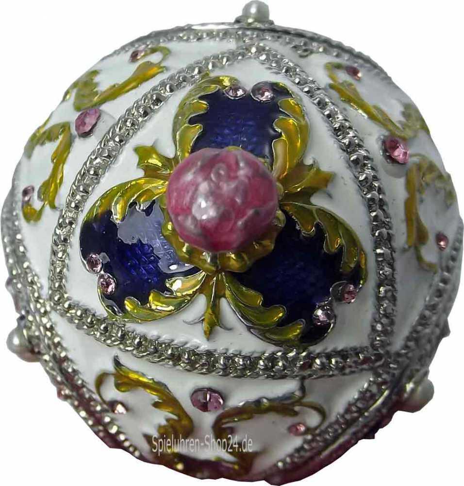 Ansicht oben, Schmuckei Fabergèstil mit Karussellpferd und Miniatur-Spieluhrenwerk