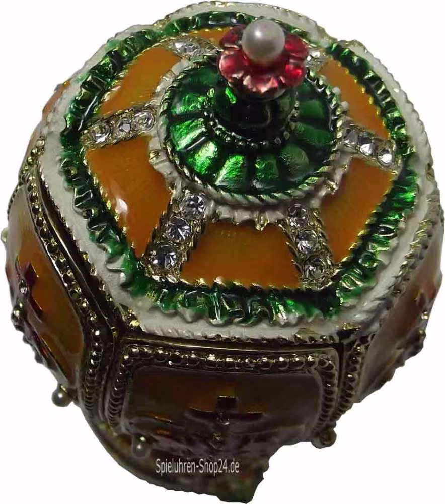 Fabergè Stil Schmuckei mit Krone und Spieluhr, Sicht auf das prächtige Dekor von oben