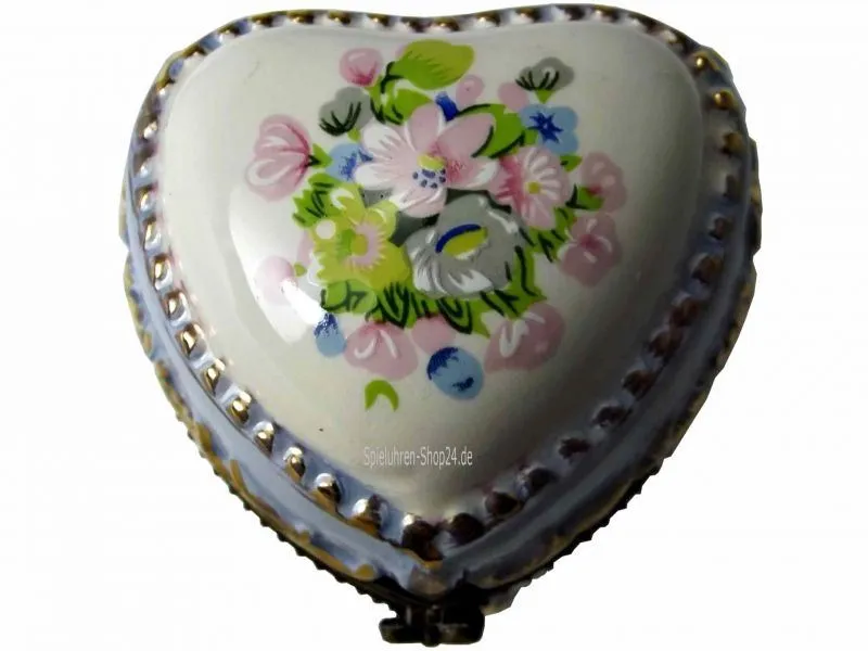 Pillendose Porzellan Frühlingsblumen mit Miniatur-Spieluhr, apart verzierter Deckel