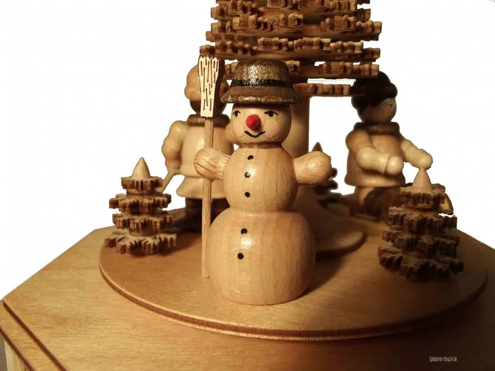 Kunstvolle Holz Spieluhr Winterkinder aus dem Erzgebirge, Ansicht Schneemann frontal