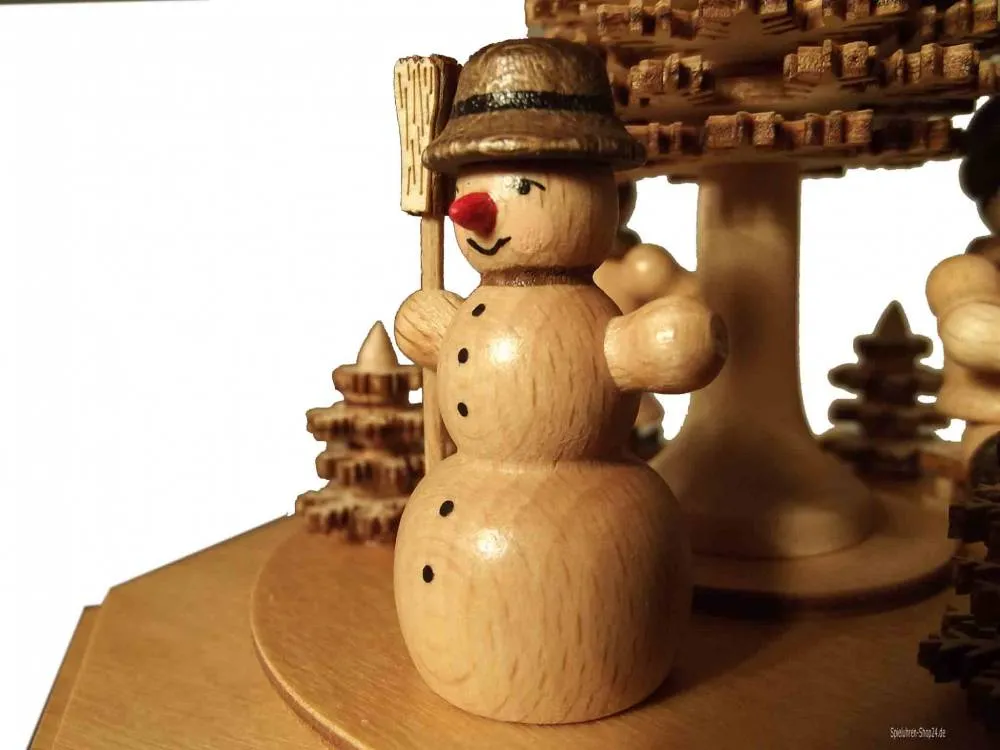 Kunstvolle Holz Spieluhr Winterkinder aus dem Erzgebirge, Ansicht Schneemann seitlich