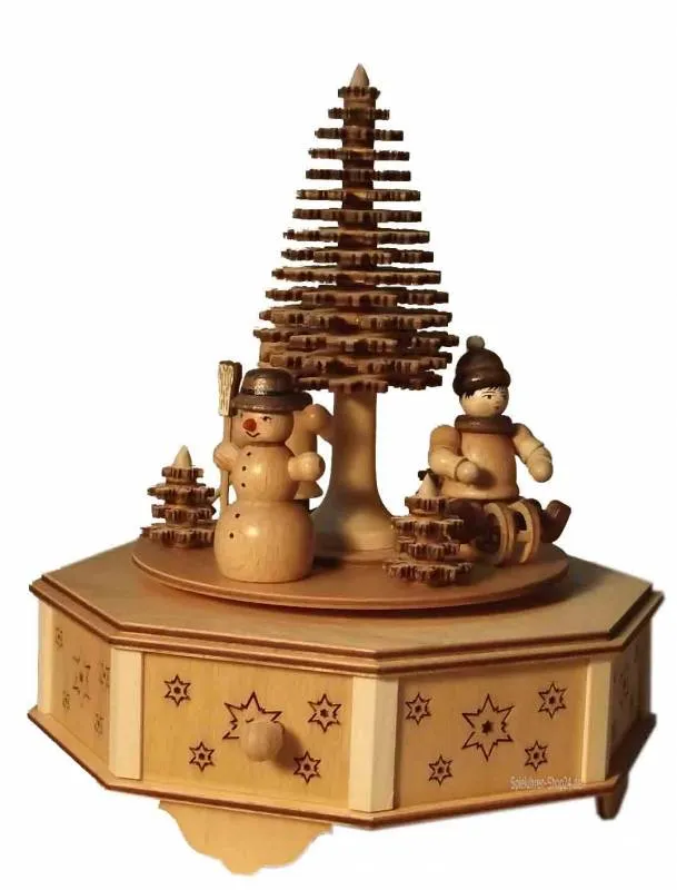 Kunstvolle Holz Spieluhr Winterkinder aus dem Erzgebirge, Ansicht ganze Spieldose