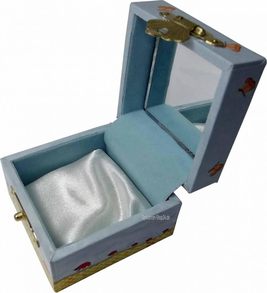 Offene Zahnbox mit Spiegel, hellblauem Samt und weißem satinbezogenem Kissen