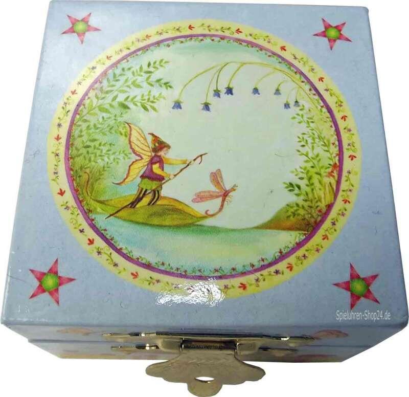 Kleiner Elf mit Libelle in einem Blatt als Boot