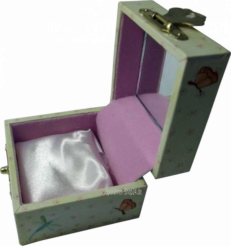 Geöffnete Zahndose mit rosa Samt, Spiegel und Kissen