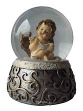 Engel Putte liest von Papierrolle in Spieluhr Schneekugel