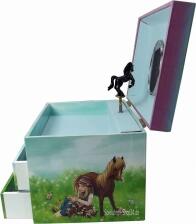 Seitenansicht geöffnete Spieluhr mit braunem sich drehenden Pferd vor dem Spiegel