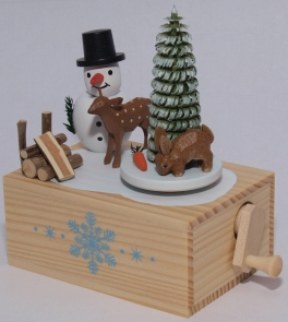 Weihnachts Spieluhr - Handkurbel in Holzkästchen Schneemann