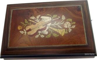 Kleine Schatulle Spieluhr mit Intarsien Instrumente und Blumen