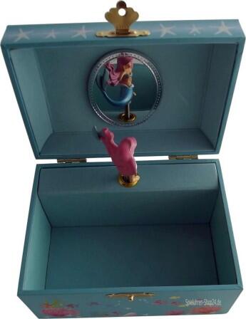 Kleine Meerjungfrau - Spieluhren von Trousselier, vordere Ansicht geöffnete Dose, großes Fach, Meerjungfrau spiegelt sich