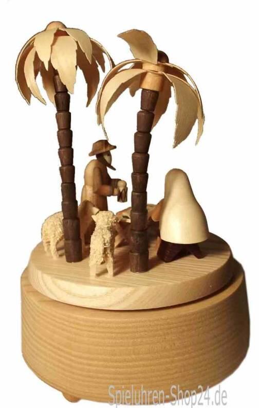 Christi Geburt in Betlehem Erzgebirge Spieluhr, Ansicht auf die Rückseite der weihnachtlichen Szene