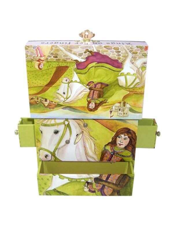 Märchenhafte Spieluhr mit Pferd, geöffnete Musikdose Rückansicht mit herausgezogenen Schubladen