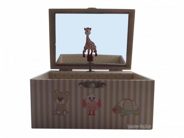 Kleinere Schmuck Spieldose "Sophie The Giraffe "©, Vorderansicht geöffnete Spieluhr