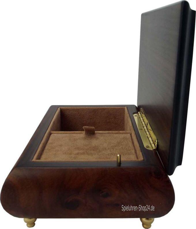Schatulle Spieluhr mit Intarsien Instrumente und Blumen, Seitenansicht geöffnet