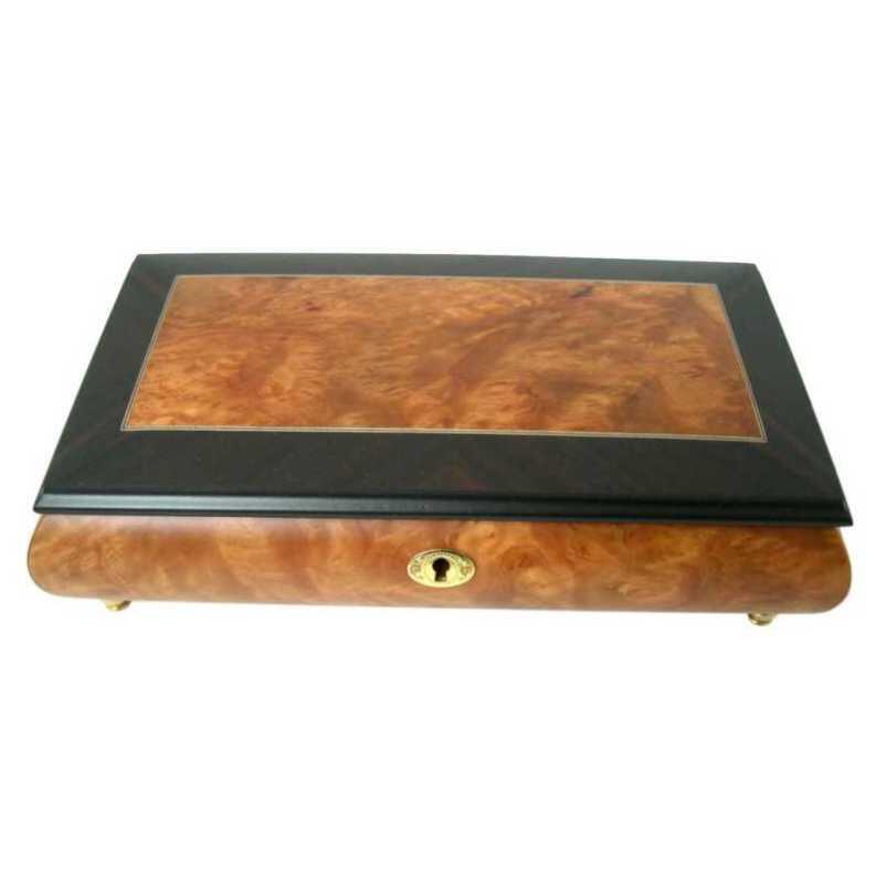 Schmuckschatulle von Böhme Music aus Ulmen-Wurzelhol, Ansicht geschlossene Dose vorn und Deckel