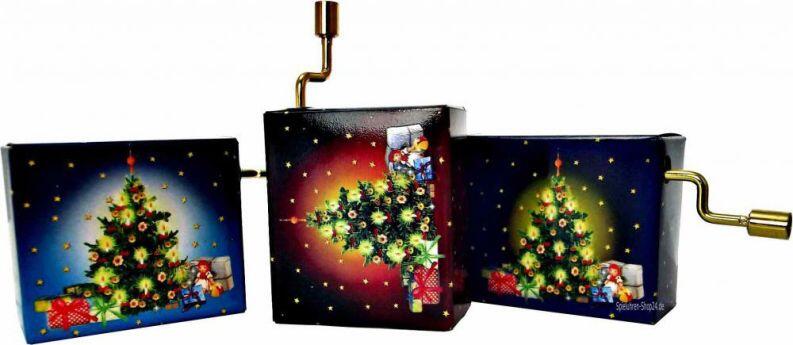 Hand-Kurbelspielwerk Weihnachten mit Weihnachtsbaum Motiv, dreifach sortiert in Farbe und Melodie