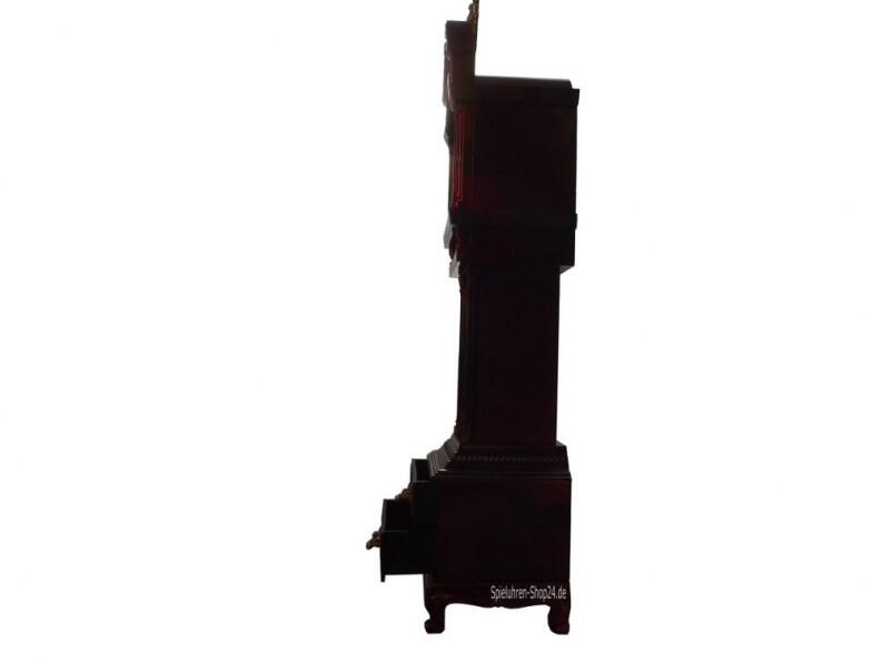 Standuhr mit Uhr und Spieluhr, Seitenansicht ganze Spieluhr mit geöffneten Schubladen