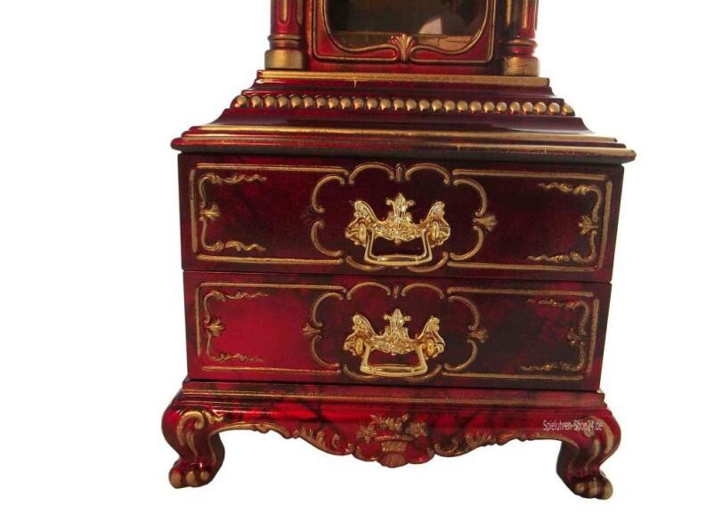 Standuhr mit Uhr und Spieluhr, Ansicht Unterteil mit zwei geschlossenen Schubladen