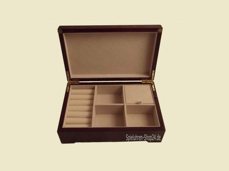 Musikschatulle Böhme, Holz Hochglanz braun,  Iris , Ansicht in geöffnete Spieluhr vorn, Musikwerk