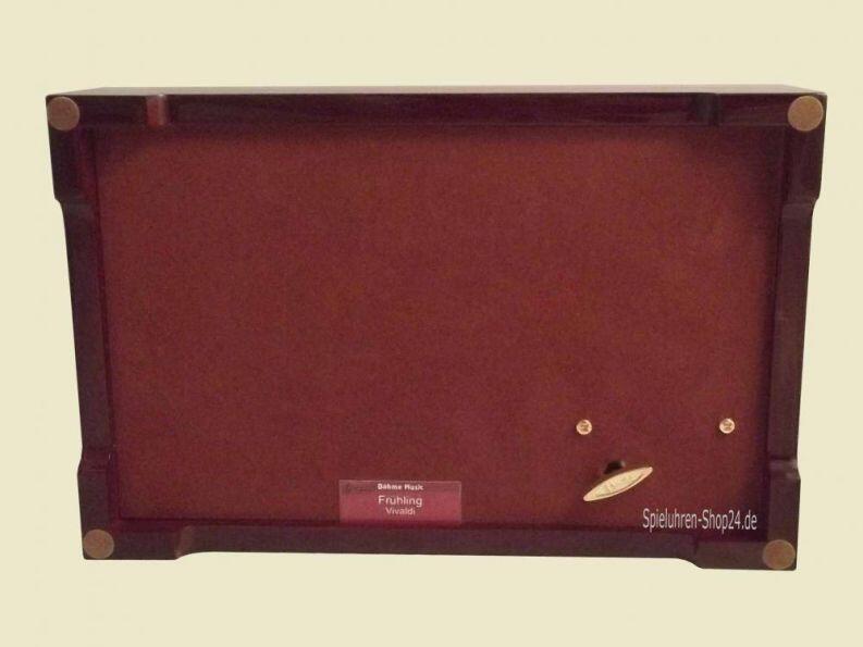 Musikschatulle Böhme, Holz Hochglanz braun,  Iris , Ansicht Boden der Spieluhr mit