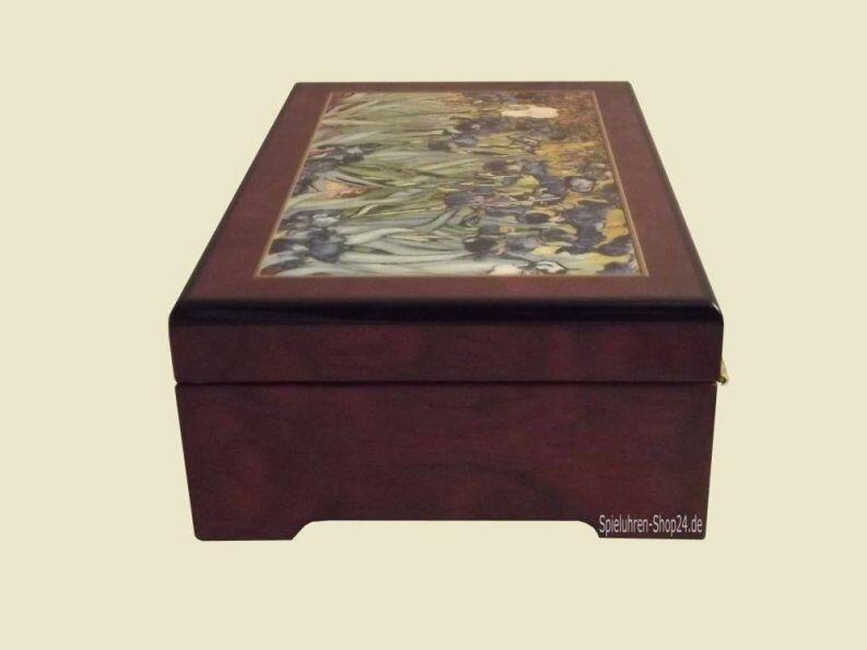 Musikschatulle Böhme, Holz Hochglanz braun,  Iris  , Ansicht geschlossene Spieluhr, seitlich und