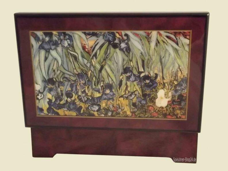 Musikschatulle Böhme, Holz Hochglanz braun,  Iris , Ansicht geöffnete Spieluhr Rückseite