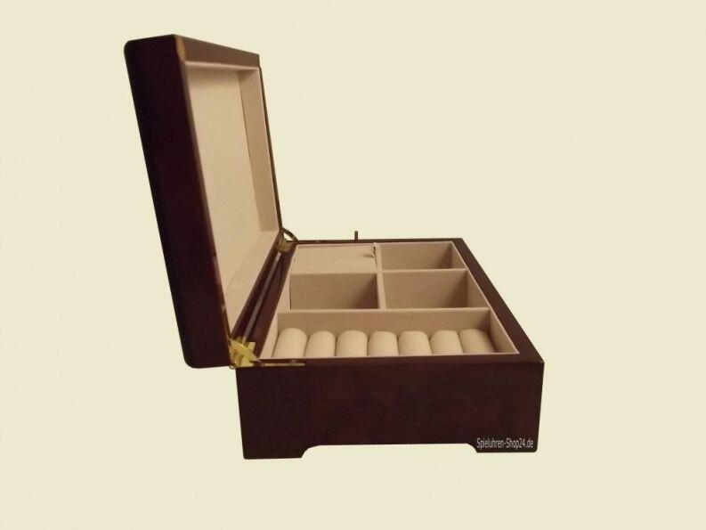 Musikschatulle Böhme, Holz Hochglanz braun,  Iris , Seitenansicht geöffnete Spieluhr