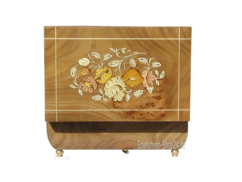 Schatulle Böhme Music mit Blumenintarsien und drehender Ballerina, Spieluhr geöffnet, Ansicht