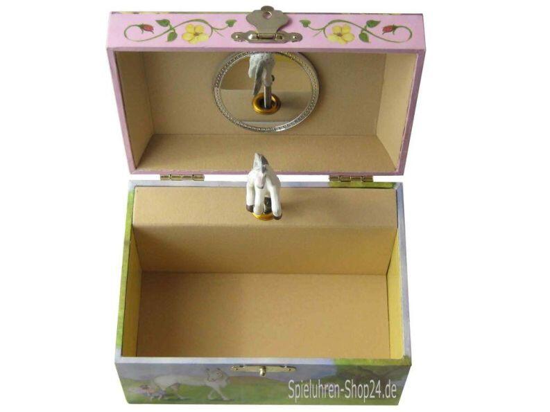 Kleine Pferde-Fee Spieldose von Enchantmints, Ansicht von oben in geöffnete Spieluhr