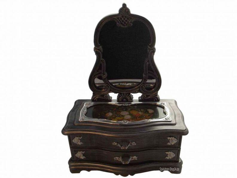 Schmuckkommode mit Spieluhr, Spiegel u Tänzerin, geschlossen, Ansicht vorn