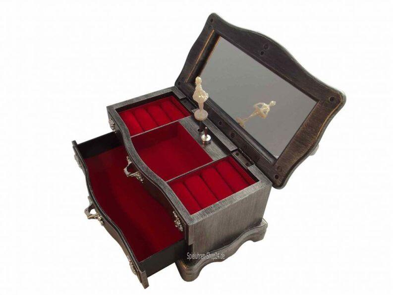 Schmuckkommode innen mit weichem Samt, geöffnet, äußerer Spiegel hinter dem Deckel